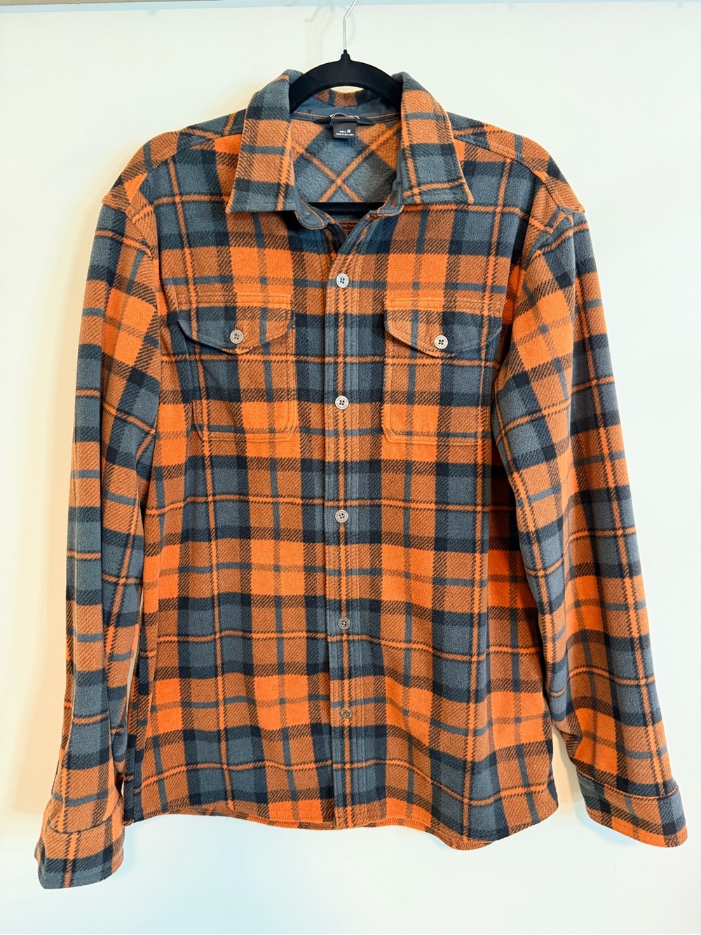 Eddie Bauer Black and Orange Plaid Fleece shirt